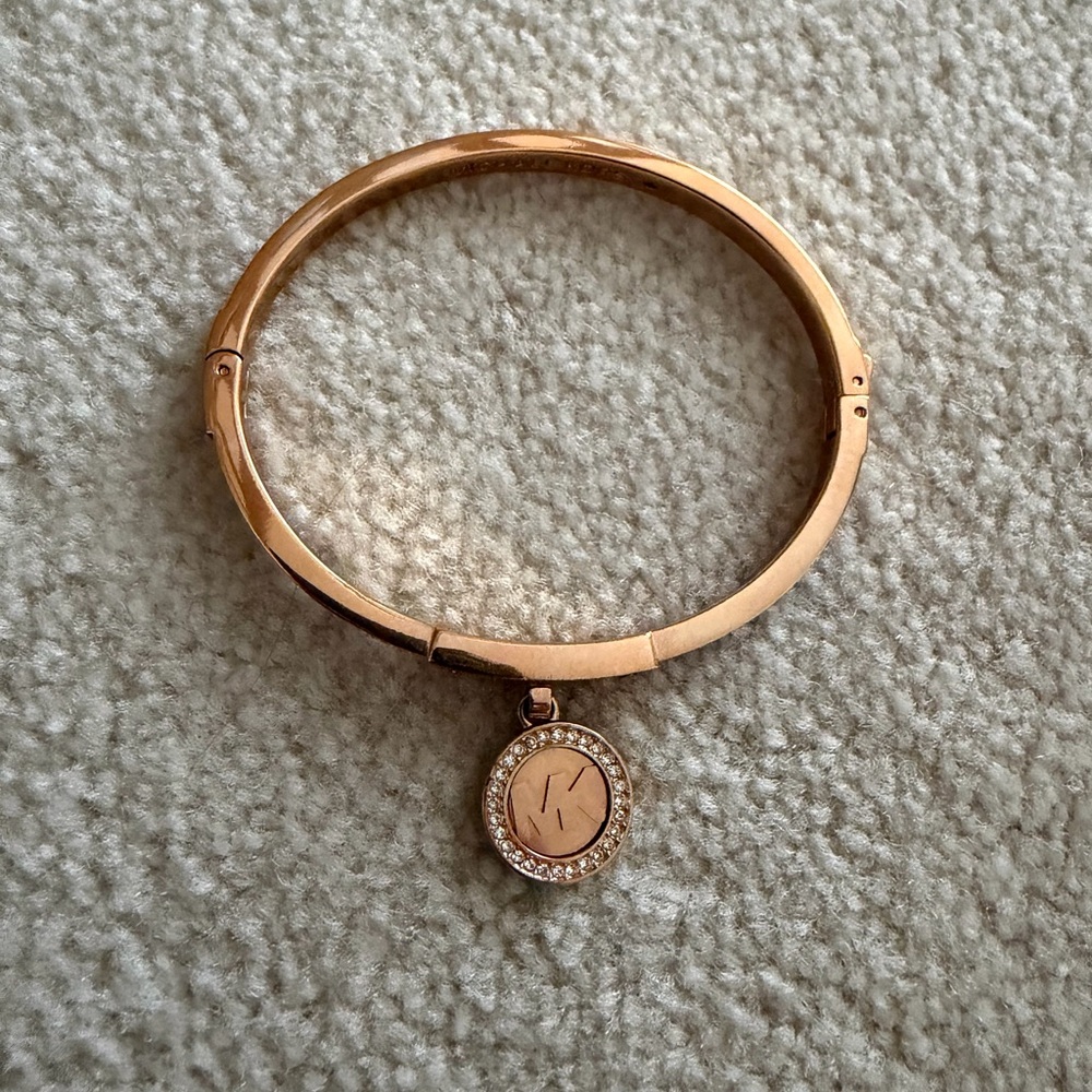 Michael Kors Rose Gold Charm Bangle Bracelet with Pavé Crystal Charm